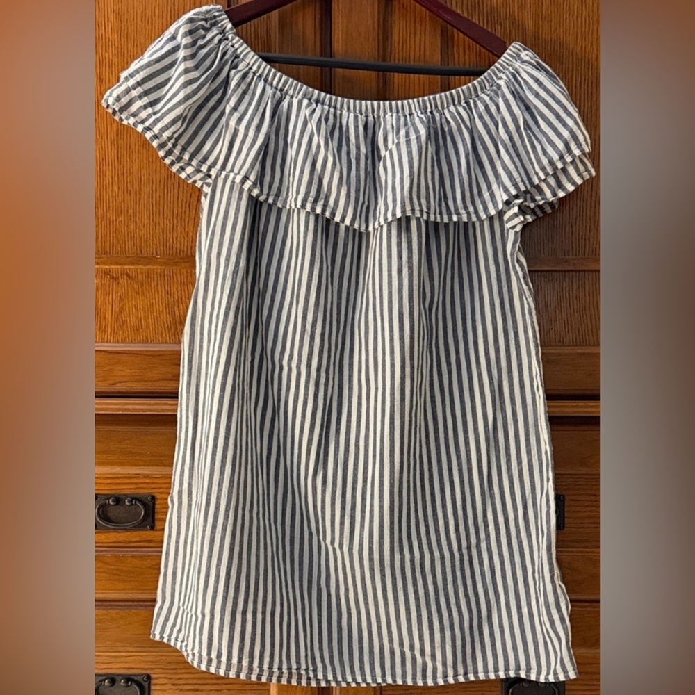 GAP Off-Shoulder Pinstripe Mini Dress Ruffled Neckline Boho Preppy Beach Travel